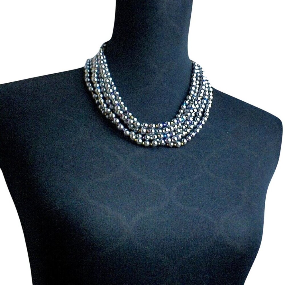 Vintage Multi-Strand Faux Pearl & Iridescent Glass Beaded Necklace